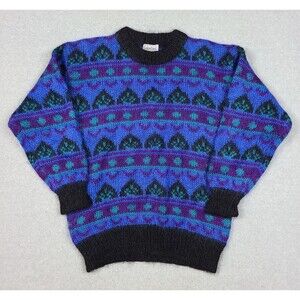 Vintage 80s 90s Gallagher Mohair Blend Royal Blue Purple Geometric Sweater Large